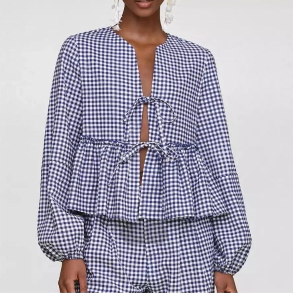 Avec Les Filles Navy Gingham Tie-Front Peplum Top